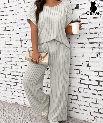 Plus Size Summer Autumn Women’s Casual Solid Color Set Women Fashion Short Sleeve Top Matching Trousers Comfortable Outfit