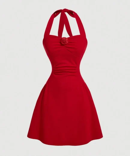 Red Bow Halter Dress Female New Autumn Spice Girl Pleated Fashion Waist Show Thin Short Skirt Trend