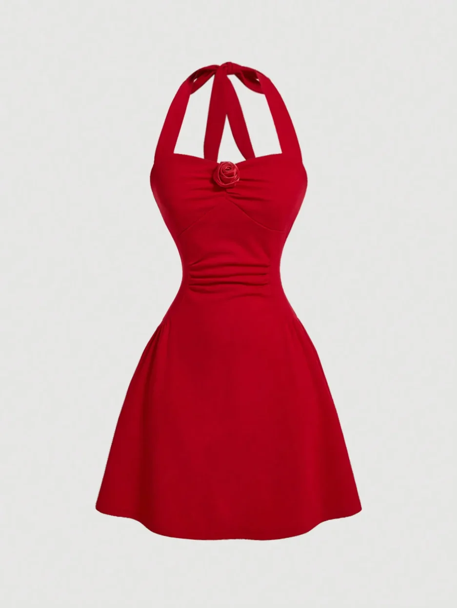 Red Bow Halter Dress Female New Autumn Spice Girl Pleated Fashion Waist Show Thin Short Skirt Trend
