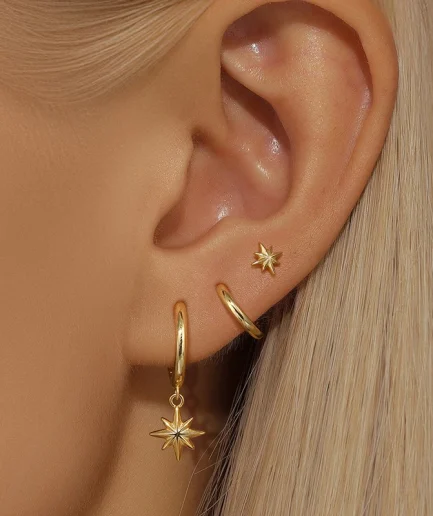 3 Piece Fashion Stainless Steel Round Star Drop Earrings Set for Women 18K Gold Plated Dangle Earring Punk Unisex Rock Jewelry