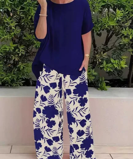 Two Piece Pants Set for Woman Summer Clothing Female Streetwear Casual Loose Tshirt and Print Trouser Plus Size Suit Set