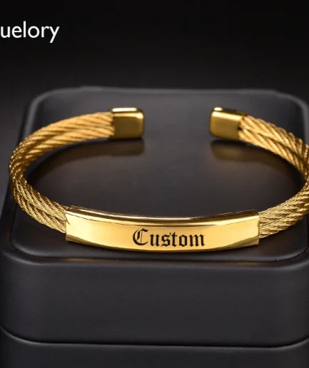 Bluelory Custom 8mm Stainless Steel Women Men Bangles Punk Twist Engrave Name Date Initials ID Bar Bangles For Lovers Couple
