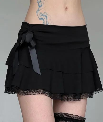 Goth Y2K Black Lace Trim Bow A Line Mini Skirt Women Korean Streetwear