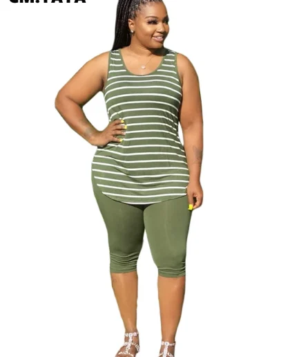 CM.YAYA Women Plus Size XL-5XL Sport two piece set Tracksuit Striped Tank Tops Knee Length jogger Suit Sweatpants Matching Set