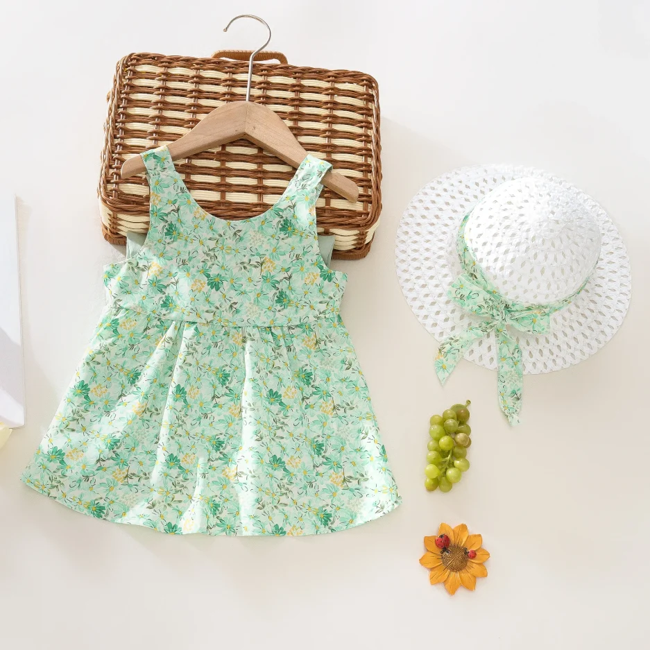 Summer 2-Piece Baby Dress+Sun Hat Bow Strap Floral Baby Girl Dress Soft And Comfortable Children'S Clothing - Image 6
