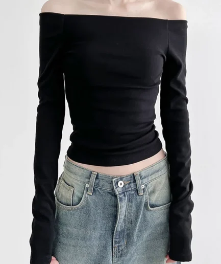 Black Solid Slash Neck Elegant Long Sleeve Tops Korean Fashion Slim Sexy Cropped T Shirt Women Fall Clothing