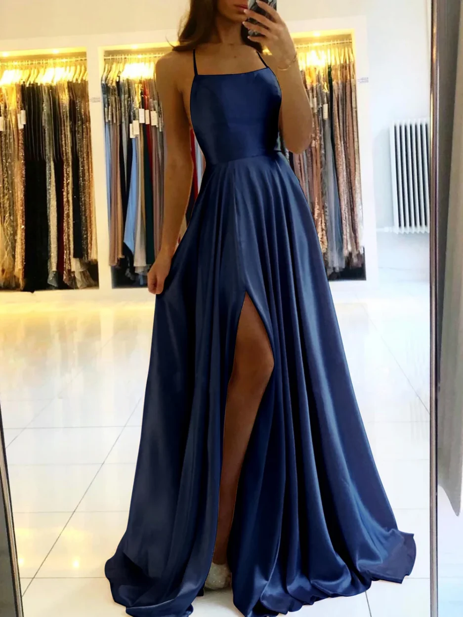2024 Simple Spaghetti Straps Sexy Slit Ladies Blue A-line Long Satin Evening Dresses For Women Wedding Prom Party Gowns Vestidos - Image 5