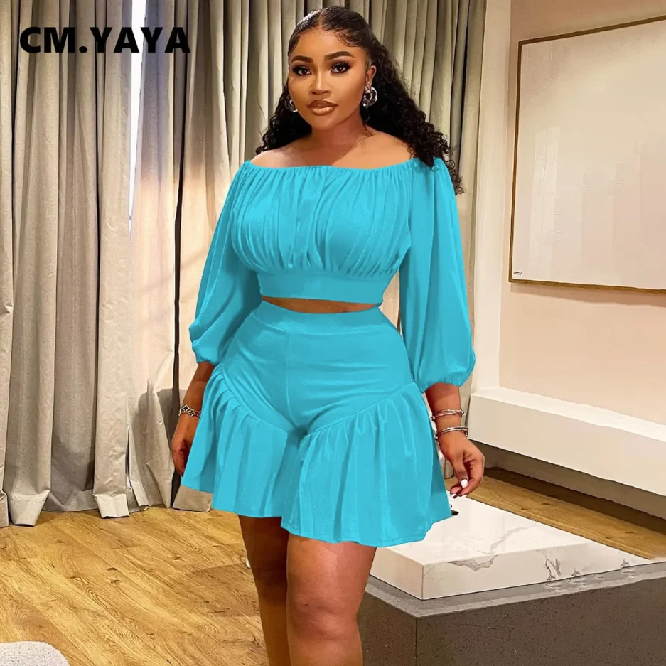 CM.YAYA Plus Size Women's Set Long Sleeve Slash Neck T-Shirt and Shorts 2025 Summer Ruched Two 2 Piece Set Outfits Tracksuit - Image 4