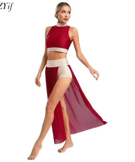 Modern Ballet Dance for Women Mesh Top Wide Leg Pants Skirt Attached 2 Piece Lyrical Outfits Ballerina Girls Stage Costume