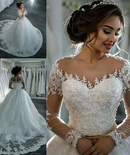 Lace Appliques Beaded Ball Gown Wedding Dresses Long Sleeves Buttons Bridal Gowns Court Train