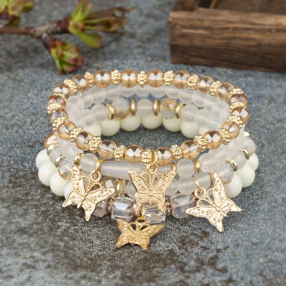 4Pcs Trendy Butterfly Beaded Bracelet Set For Women Pink Acrylic Beads Elastic Chain Bangle Female Bohemian Party Jewelry Gift - Image 3