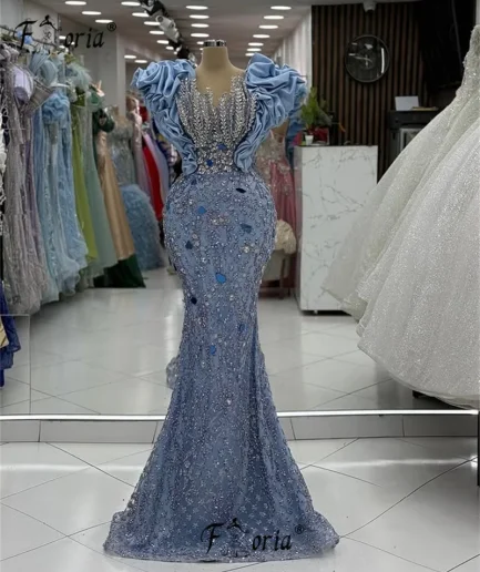 Elegant Blue Ruffled Puffy Shoulder Mermaid Party Dress Beads Crystal Evening Prom Event Dresses Arab Formal Customized Wedding