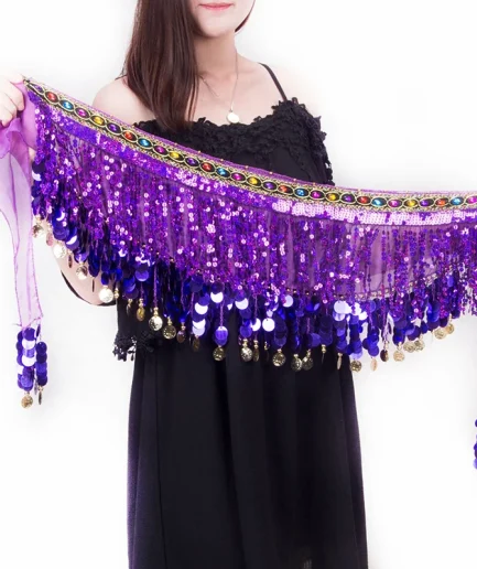 Belly Dance Hip Scarf with Dangling Sequins for Belly Dancer Waist Chain Skirts Wrap 10 Colors Cute Stage Dance Wear for Women