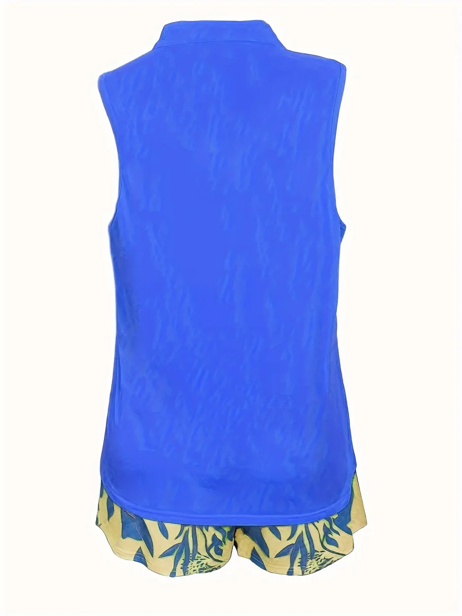 Women's Plus Size Casual Sleeveless V-Neck Top and Floral Print Shorts Two-Piece Set for Summer Comfort and Effortless Style - Image 2