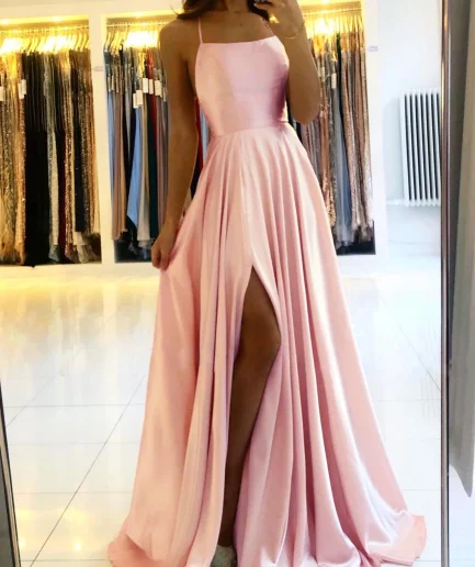 2024 Simple Spaghetti Straps Sexy Slit Ladies Blue A-line Long Satin Evening Dresses For Women Wedding Prom Party Gowns Vestidos