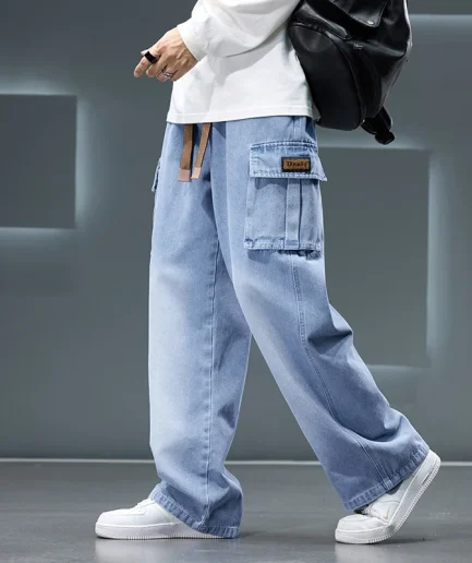 Autumn New Wide Leg Washing Jean Pants Men Trousers Neutral Solid Color Loose Casual Fashion Pocket Cargo Pants Big Size 8xl