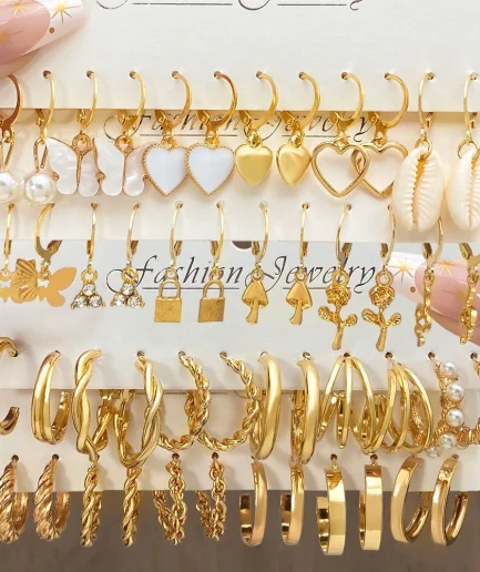 24 Pcs Boho Big Circle Hoop Earring Set for Women Gold Color Bohemia Vintage Pearl Earring Heart Zircon Ear Studs Jewelry Gifts