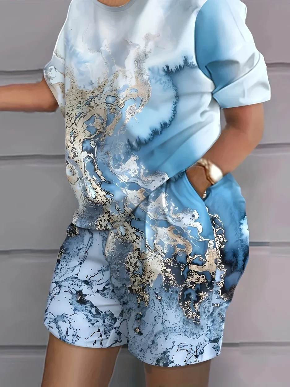 Plus Size 1XL-5XL Women's Fashion and Comfort Two Piece Set of Printed Short Sleeved Shorts Women Casual Two Piece Set