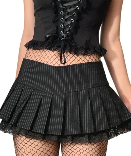 Women Mini Skirt High Waist Lace Hem A-line Pleated Skirts Korean Fashion Gothic Y2K Aesthetic Clubwear