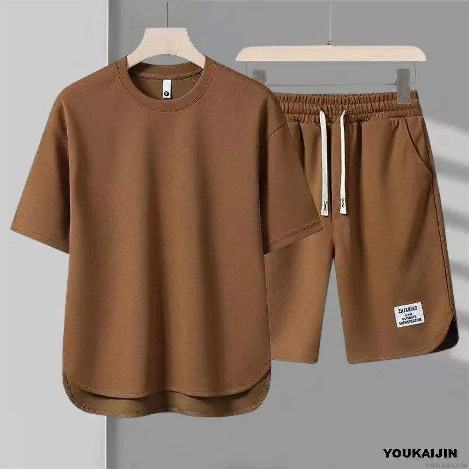 Men's New Waffle Summer Suit 2025 Korean Casual T-shirt + Shorts Suit Men's Tracksuit Solid Color Tracksuit Loose Suit - Image 2