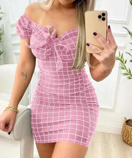 Summer dress sexy package buttocks short skirt of cross border grid print dress