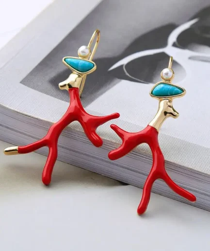 Branch Acrylic Resin Drop Earrings Red Enamel Coral Antlers Earrings Ins