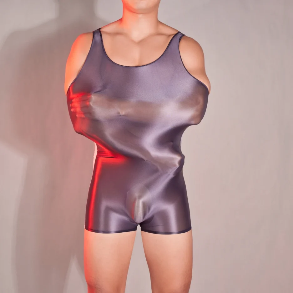Men Sexy Contrast Color Bodysuit Oil Glossy See Through Stretchy Rompers Male Thin Playsuits Sheer Ice Silk Soft Tank Sleepwear - Image 3