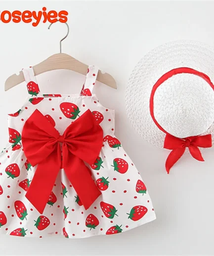 Summer Baby Girl's Dress Small Round Dot Strawberry Print Chest Bow Daily Casual Dress with Hat