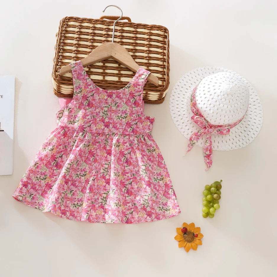 Summer 2-Piece Baby Dress+Sun Hat Bow Strap Floral Baby Girl Dress Soft And Comfortable Children'S Clothing - Image 2