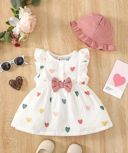 2PCS Dress Clothes Set Newborn Baby Girl Love Print Sleeveless Dress With Hat Summer Fashion Cute Wear for Infant Girl 0-9Months