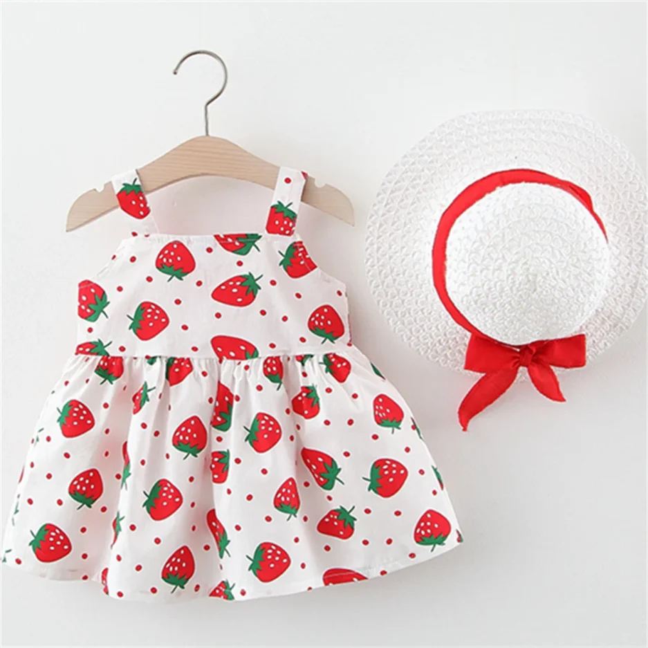 Summer Baby Girl's Dress Small Round Dot Strawberry Print Chest Bow Daily Casual Dress with Hat - Image 2