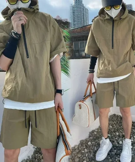 Summer Cargo Style Set Men's Casual Hooded Solid Short Sleeve T-shirt Shorts Loose Fashion High Quality Handsome Sweatshirt Suit