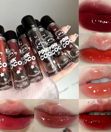 PINKCOCO Bear Doodle Mirror Lip Glaze — Long-Lasting Shiny Lip Gloss, Student-Friendly, Skin-Brightening Nude Lipstick