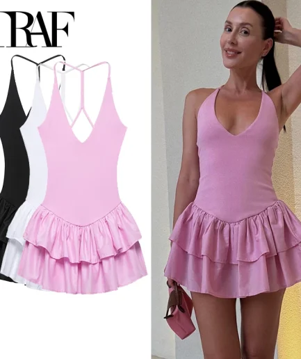 Women's Dresses 2025 Halter Pink Mini Dresses Chic v Neck Layer Ruffles Hem Dress A Line Vestido Summer Ladies Street Party Wear