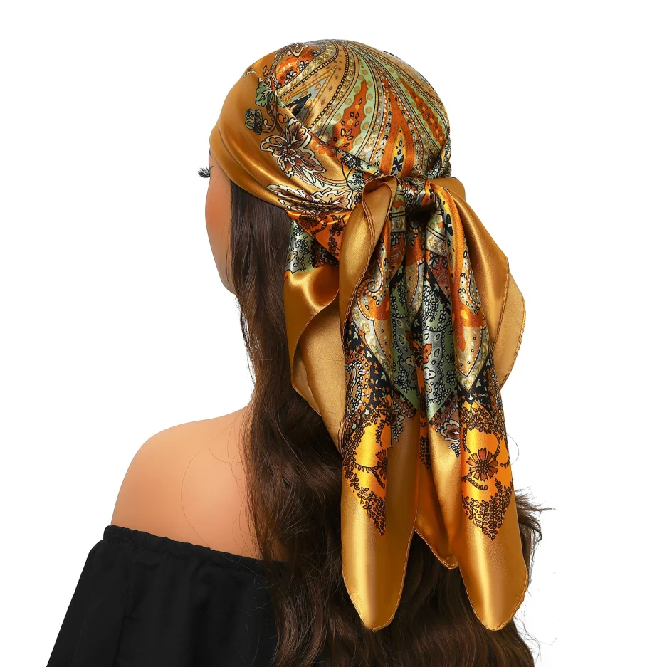 Head Scarf Women Luxury Brand Square 90*90cm Silk Foulard Satin Bandana Cheveux Soft Neckerchief Hijab Hair Scarves For Ladies