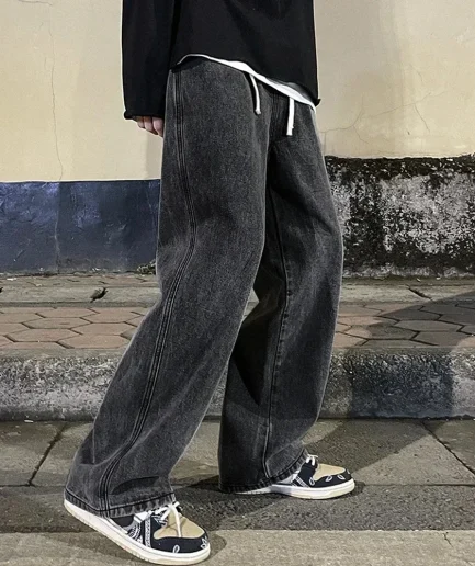 Fashion Men's Solid Color Drape Jeans Loose Straight Korean Vintage High Street Hip-hop Y2K Casual Daily Dragging Wide-leg Pants