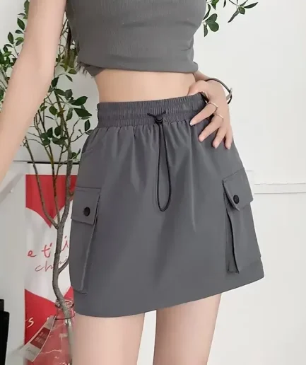 High Waist A- Line Mini Skirt Workwear Style Double Pockets Slimming Design Summer Collection Women's Fashion Short Skirts