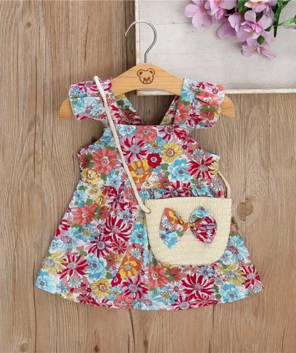 (Girls 0-3 years old)New Summer Girls Dress Halter Small Flying Sleeve Ruffled Flowers Full Print + Crossbody Bag A-line Dress