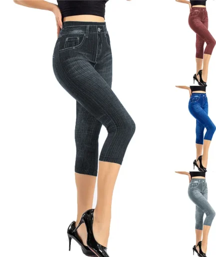 Women Denim Print Leggings Fashion Slim Leggings Faux Jeans Leggings Stretch Printed Short Leggins Pants Summer Clothes