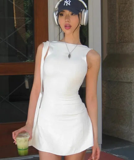 Elegant Sleeveless Backless Slim Fit Mini Dress Women Chic Round Collar A-line Short Dress 2025 Ruffle Edge Casual Dresses