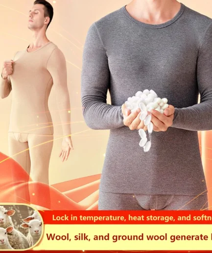 Wool silk warm underwear for men, plush and thick heating autumn clothes, autumn pants set, large-sized cotton sweater winter