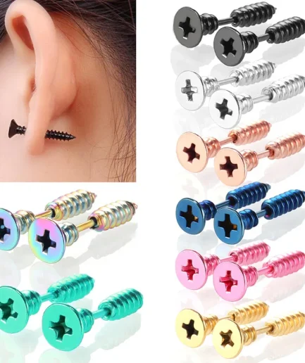 1Pair Punk Fashion Gold Black Colorful Stainless Steel Nail Screw Stud Earring for Women Men Helix Ear Body Piercing Jewelry
