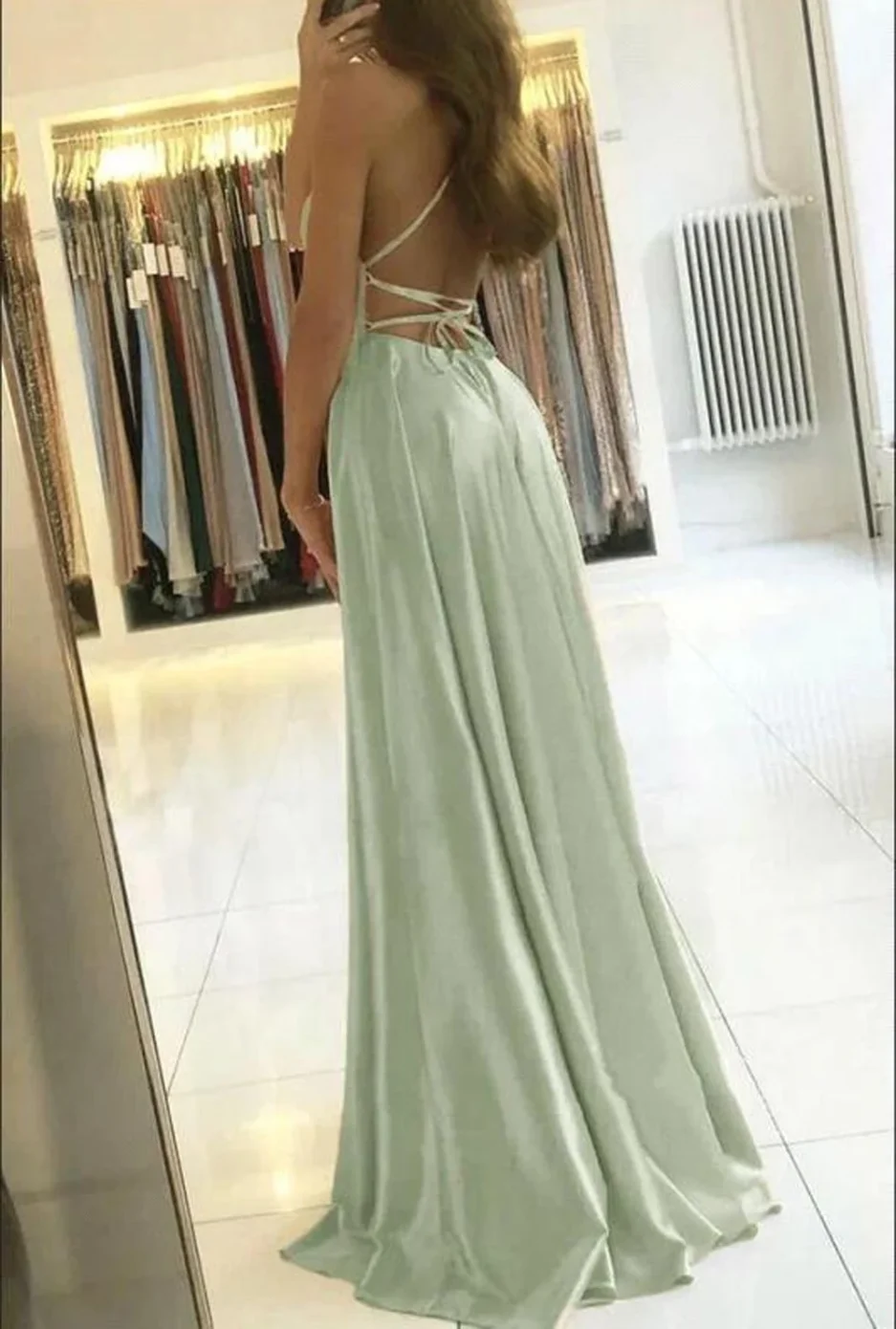 2024 Simple Spaghetti Straps Sexy Slit Ladies Blue A-line Long Satin Evening Dresses For Women Wedding Prom Party Gowns Vestidos - Image 4