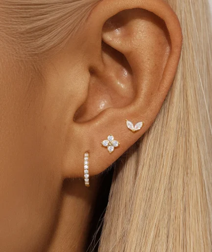 3PCS Stainless Steel Gold Color Circle Hoop Earrings Set for Women Simple Zircon Flower Stud Earring Cartilage Piercing Jewelry