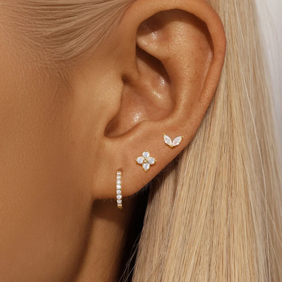 3PCS Stainless Steel Gold Color Circle Hoop Earrings Set for Women Simple Zircon Flower Stud Earring Cartilage Piercing Jewelry