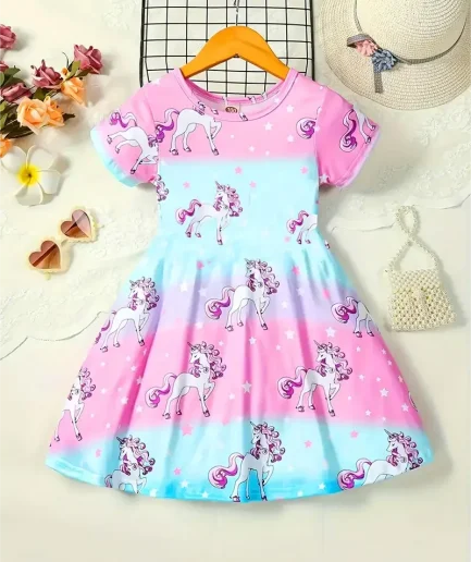 Gradient Color Unicorn Dress For Girls, Comfortable And Breathable Short-Sleeved Holiday Casual Dress