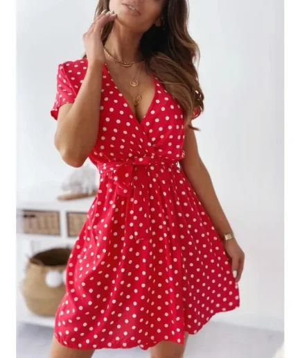 Summer Women's Polka Dot Printed Short Sleeved Casual Dress Fashionable V-neck Belt Commuting Dress Holiday Party Women's Dress