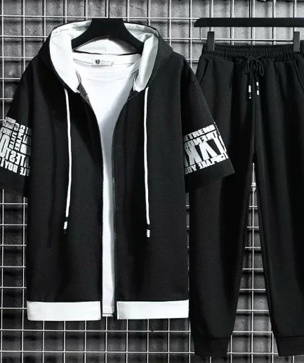 Set for Men Summer Men's Sports Suit 2-piece Print T-shirt Casual Hooded Quick Dry Running Long Pant Clothes Short Sleeve Shorts