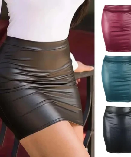 Women Mini Skirt Solid Color High Waist Slim Fit Skinny Matte Faux Leather Cozy Commuter Bodycon Skirt Streetwear