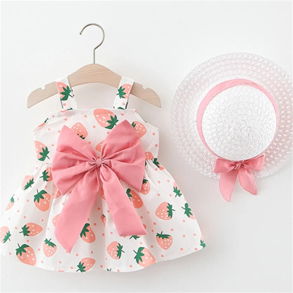 Summer Baby Girl's Dress Small Round Dot Strawberry Print Chest Bow Daily Casual Dress with Hat - Image 3